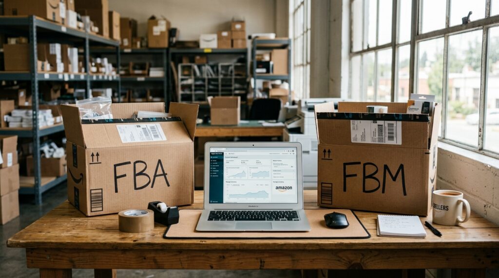 FBA and FBM fulfilment boxes on a warehouse desk next to a laptop showing Amazon Seller Central