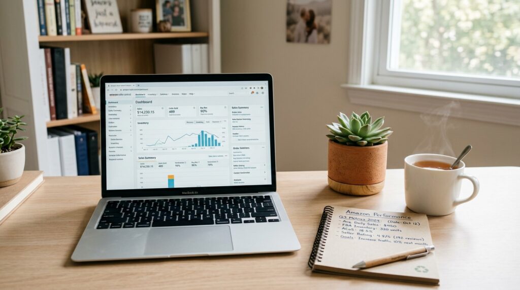Seller reviewing Amazon account performance metrics on a laptop at a tidy home office desk