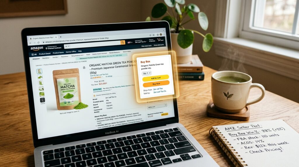 Amazon product listing showing the Buy Box on a laptop screen on a seller's desk