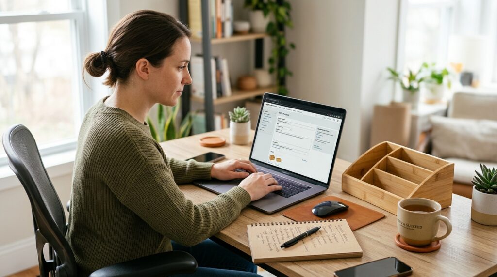 Seller writing an optimised Amazon product listing on a laptop with keyword notes beside them