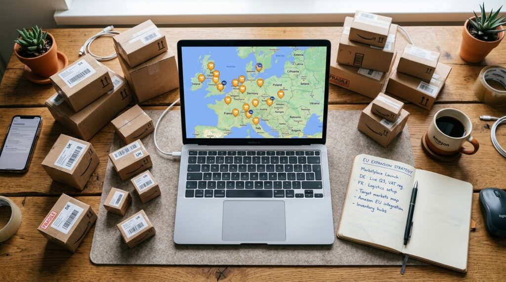 Seller planning European Amazon marketplace expansion with a laptop showing a map of Europe and shipping boxes on a desk