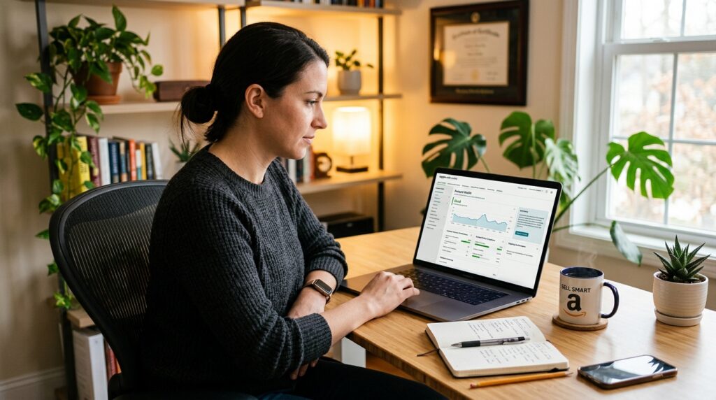 Seller reviewing Amazon account health metrics on a laptop in a tidy home office