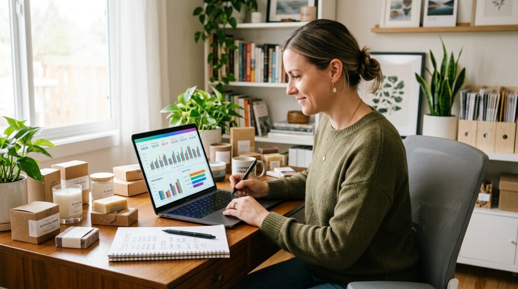 Amazon seller reviewing competitive pricing data and margin calculations on a laptop