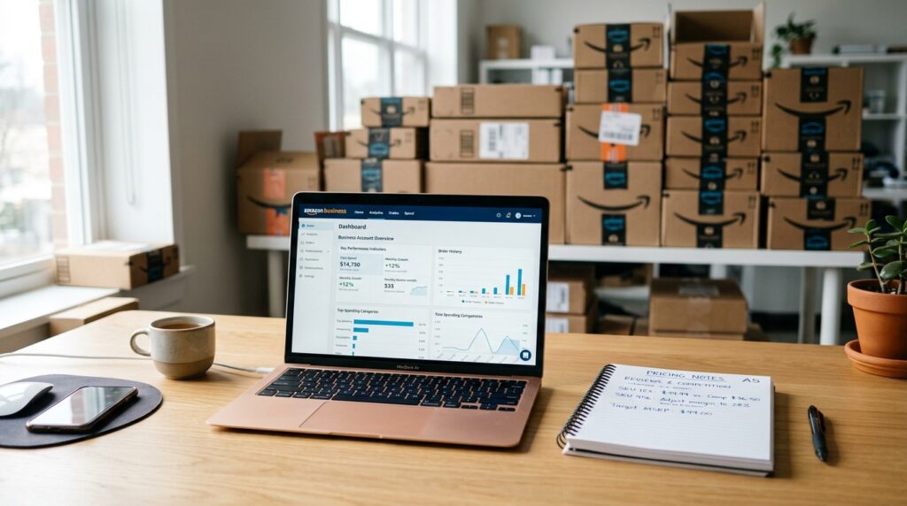 Seller reviewing Amazon Business pricing and B2B account settings on a laptop in a bright office