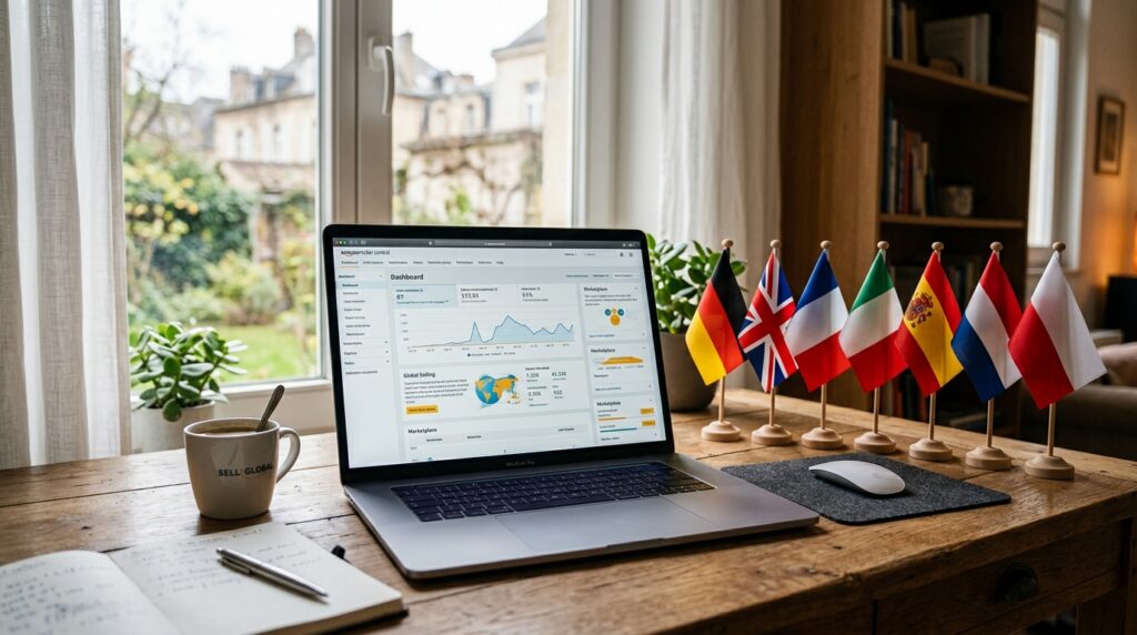 Amazon Seller Central dashboard open on a laptop with European marketplace flags on a wooden desk