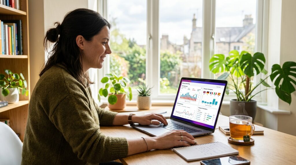 Amazon seller reviewing PPC advertising campaign performance across European marketplaces on a laptop